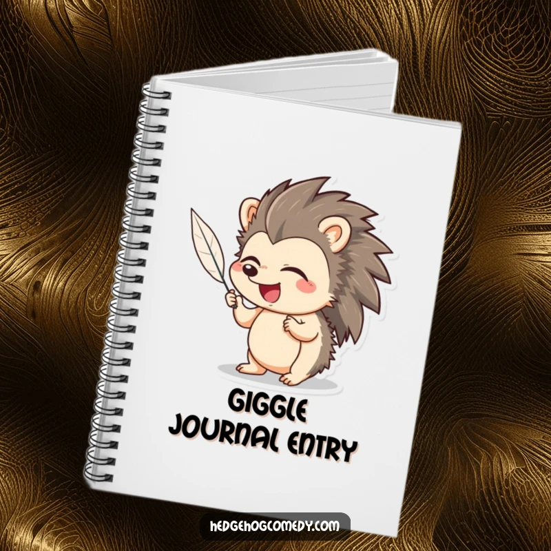 Funny Hedgehog Notebook: Adorable hedgehog giggling while a feather tickles it, ideal for capturing thoughts whimsically.
