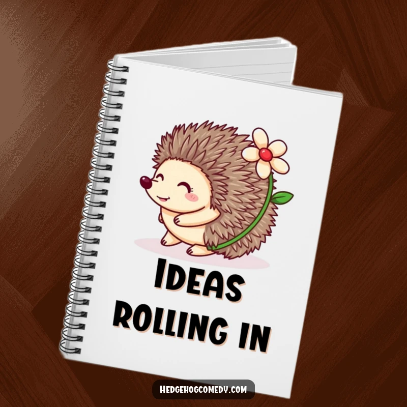Funny Hedgehog Notebook with a happy hedgehog rolling with a flower on its back, great for journaling and nature notes.