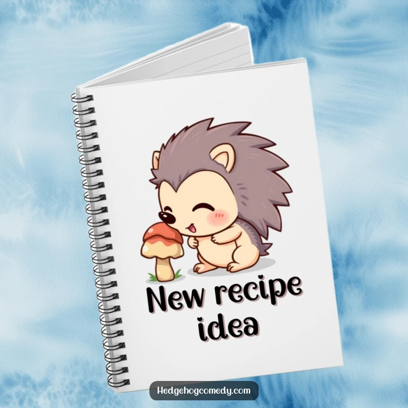 Funny hedgehog excitedly sniffing a mushroom on a notebook cover, perfect for journaling nature observations.