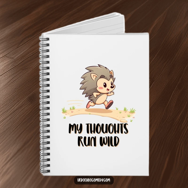 Funny notebook displaying an energetic hedgehog character zipping across the cover with determined glee, perfect for note-taking.