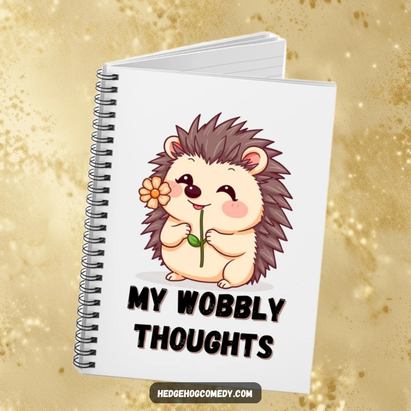 Funny Kawaii Hedgehog Notebook: A cute hedgehog wobbles precariously with a flower on its nose, gracing a notebook cover with humor.