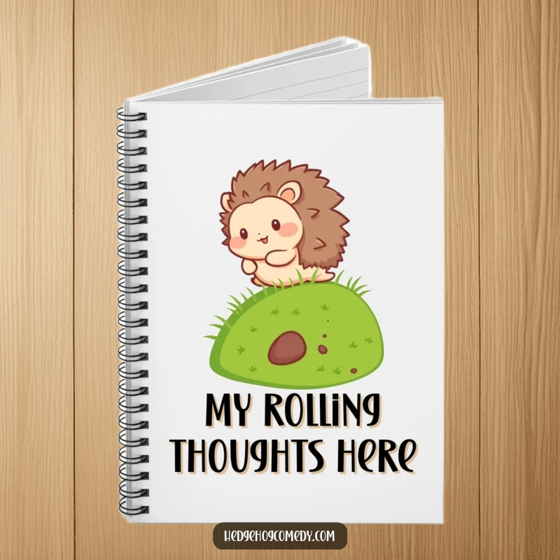 Funny Kawaii Hedgehog Notebook with a cute hedgehog character happily rolling down a grassy slope, perfect for writing.