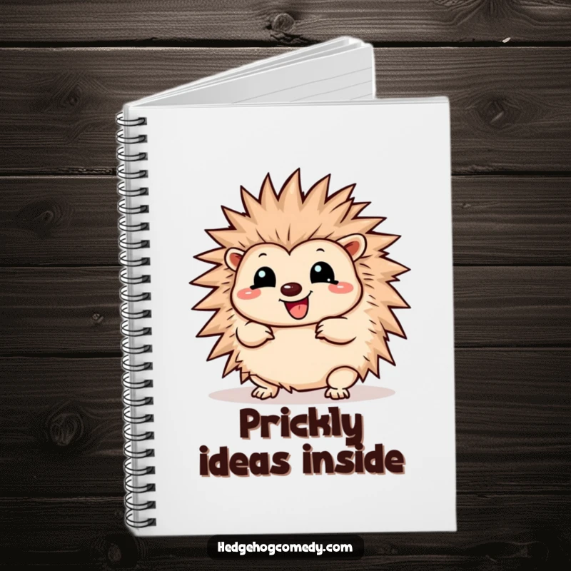 Funny Notebook cover design: a happy Kawaii hedgehog wiggling playfully and unfurling its soft spines.