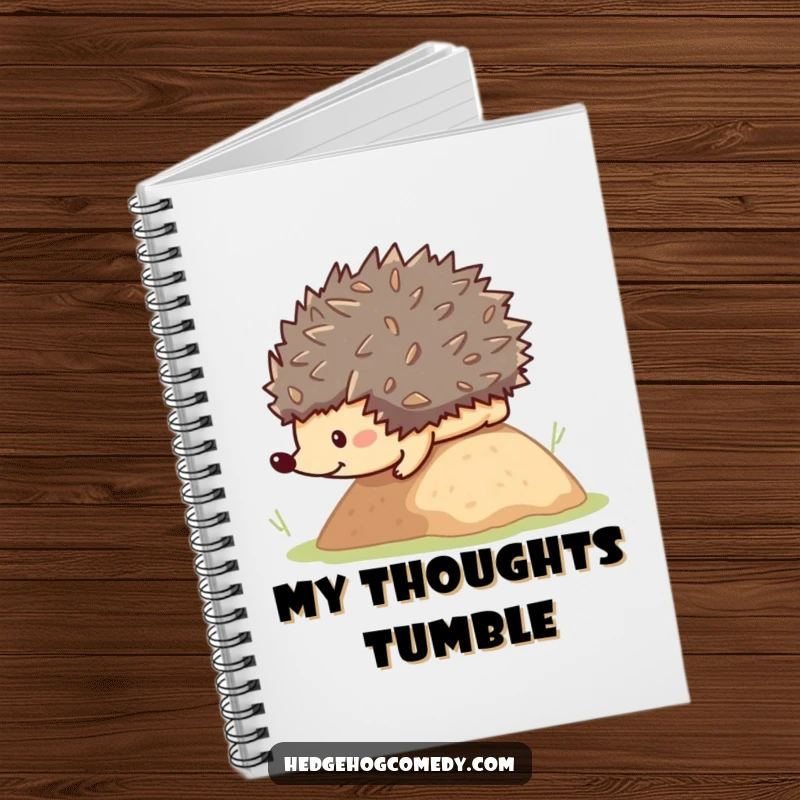 Funny cute kawaii hedgehog hilariously rolling down a hill, perfect for a humorous notebook gift.