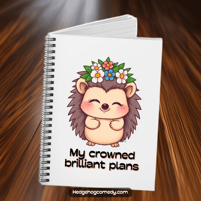 Funny Hedgehog Notebook with a cute hedgehog character winking and wearing a miniature flower crown, perfect for writing notes.