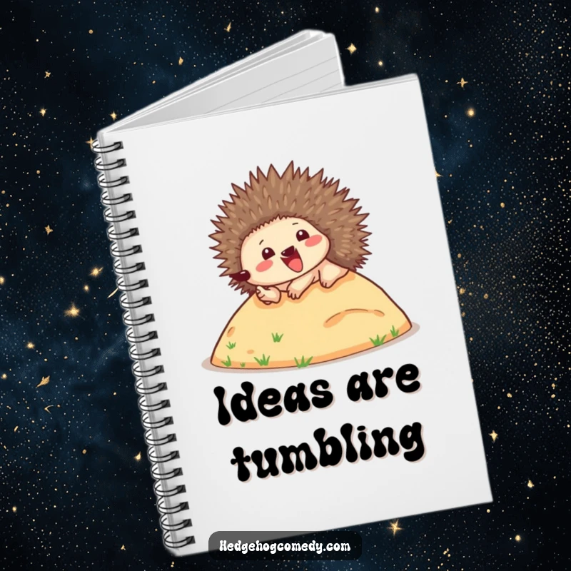 Funny notebook cover depicting a happy hedgehog enthusiastically rolling down a hill, spines raised, inspiring spontaneous note-taking.