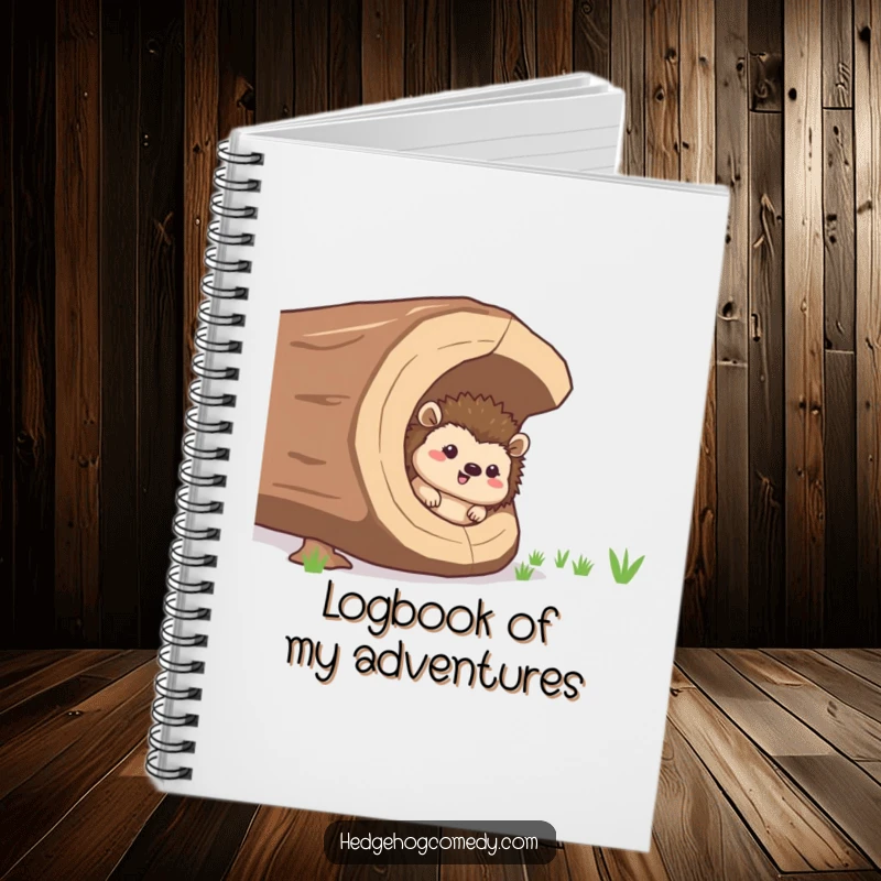 Funny giggling hedgehog peeking from a hollow log, a notebook for journaling funny thoughts.