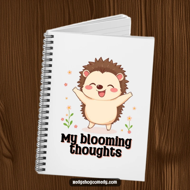 Funny notebook cover featuring a joyful hedgehog dancing among tiny flowers, inspiring happy thoughts and creative expression.