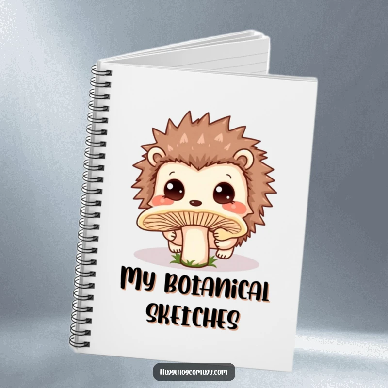 Funny Notebook cover design: a cute Kawaii hedgehog with innocent eyes curiously sniffing a large, dewy mushroom.