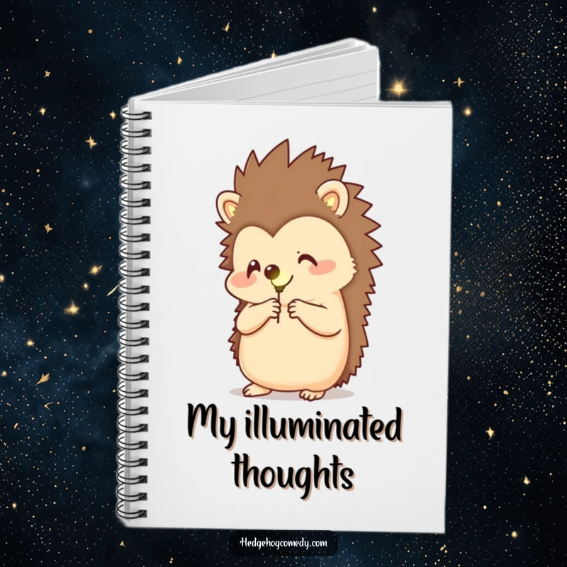 Funny notebook with a happy hedgehog holding a glowing firefly, ideal for jotting down magical thoughts and creative ideas.