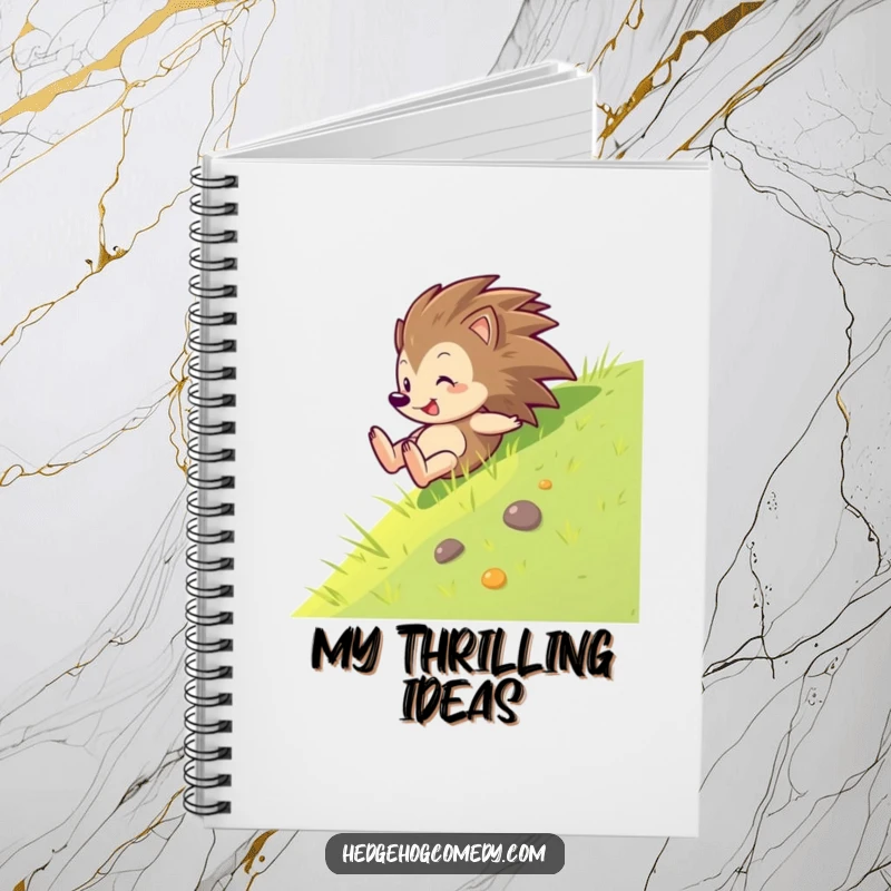 Funny notebook with a hedgehog sliding down a grass slope with glee, ideal for jotting down thrilling ideas and adventures.