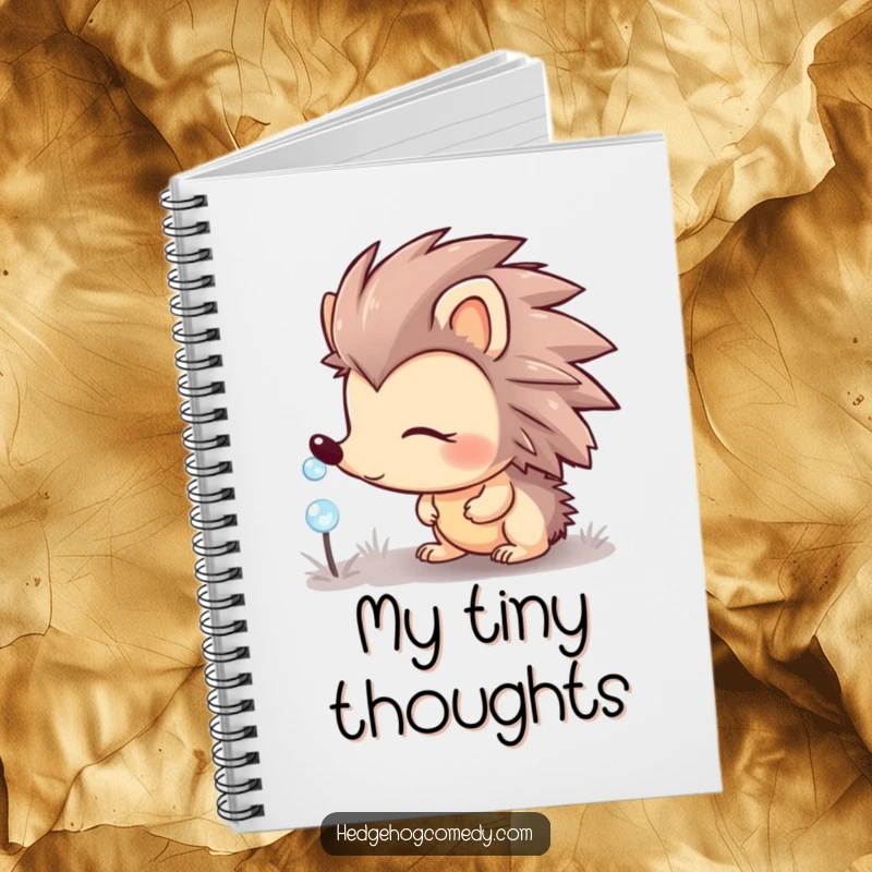 Funny hedgehog character looking curious at a sparkling dewdrop on a notebook cover, perfect for nature journaling.