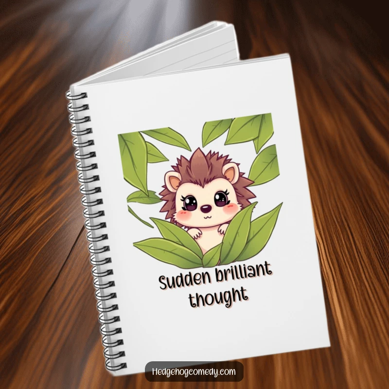 Funny hedgehog peeking from green leaves with wide, surprised eyes on a notebook cover, ideal for journaling or note-taking.