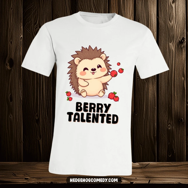 Funny kawaii hedgehog t-shirt, shown juggling bright red berries with skillful paws, radiating fun.