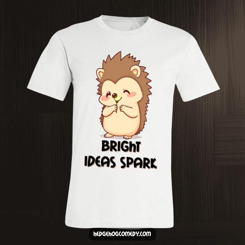 Funny t-shirt showing a happy hedgehog holding a glowing firefly, celebrating the wonder and magic found in nature.