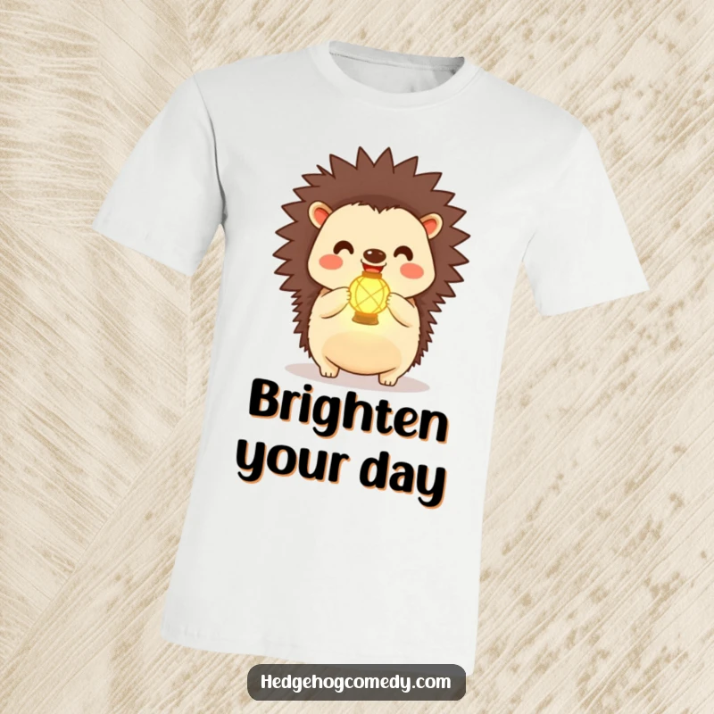 Funny Kawaii Hedgehog T-Shirt: A happy hedgehog displays a tiny, luminous lantern, embodying pure joy and radiant energy.