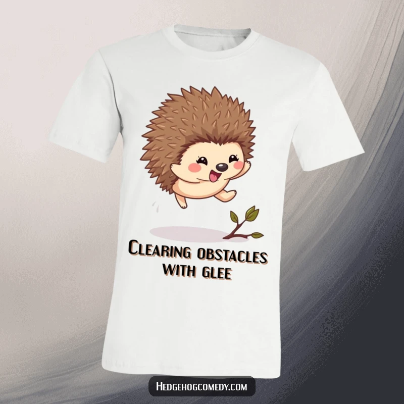 Funny Kawaii Hedgehog T-Shirt: An excited hedgehog leaps high over a small twig on this cheerful t-shirt.