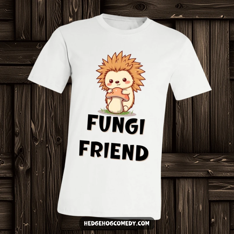 Funny Kawaii Hedgehog T-Shirt, balancing a mushroom on its quills, ideal for nature lovers seeking humorous and whimsical apparel.