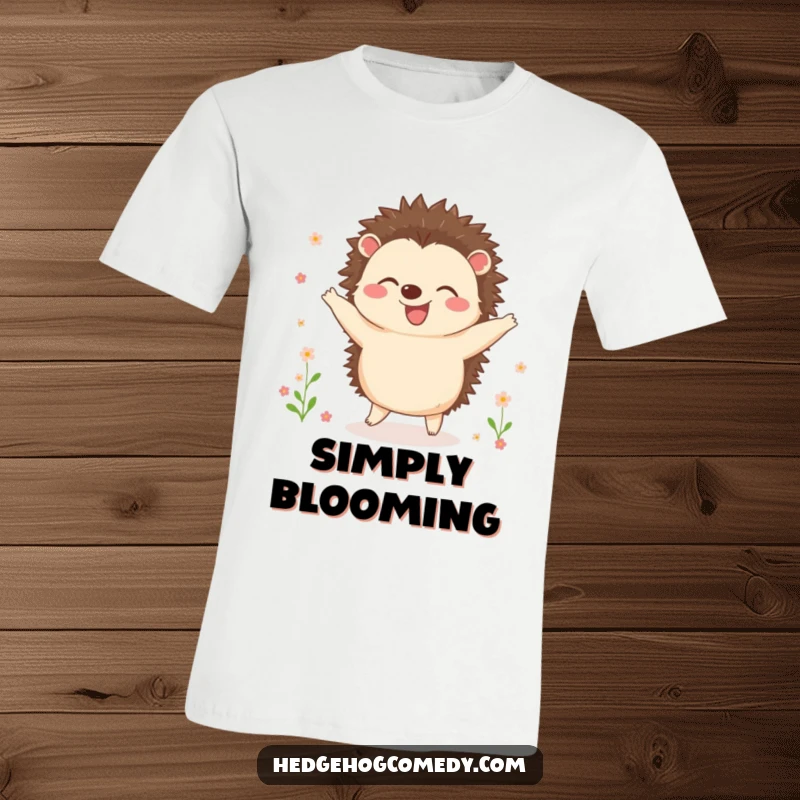 Funny t-shirt depicting a joyful hedgehog dancing exuberantly amidst a field of tiny, blooming flowers, a symbol of pure delight.