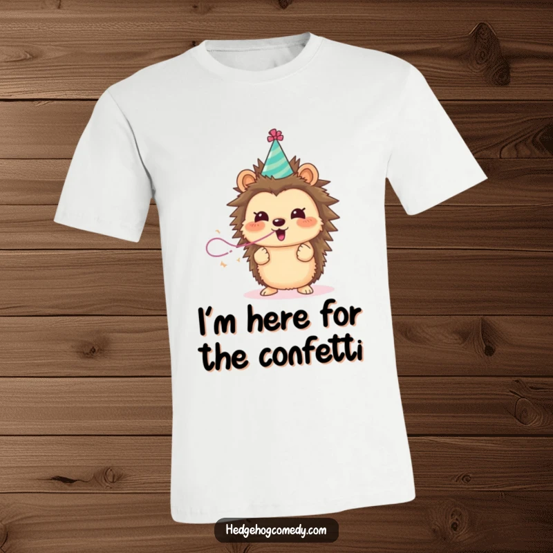 Funny excited hedgehog in a party hat blowing a streamer, a hilarious t-shirt for celebrations.