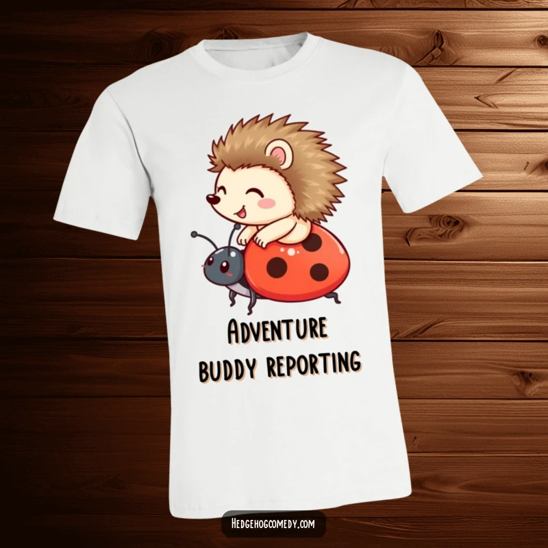 Funny happy hedgehog riding a friendly ladybug on a t-shirt, embodying adventure and friendship, perfect funny gift.