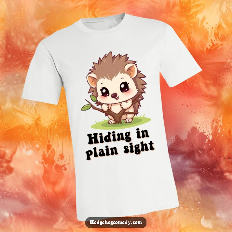 Funny t-shirt design of a cute hedgehog peeking out from behind a twig, with curious eyes. Playful and endearing.