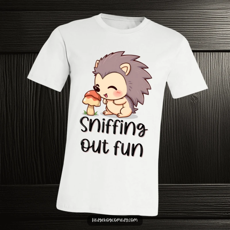 Funny hedgehog excitedly sniffing a mushroom on a t-shirt, capturing a moment of whimsical outdoor discovery.