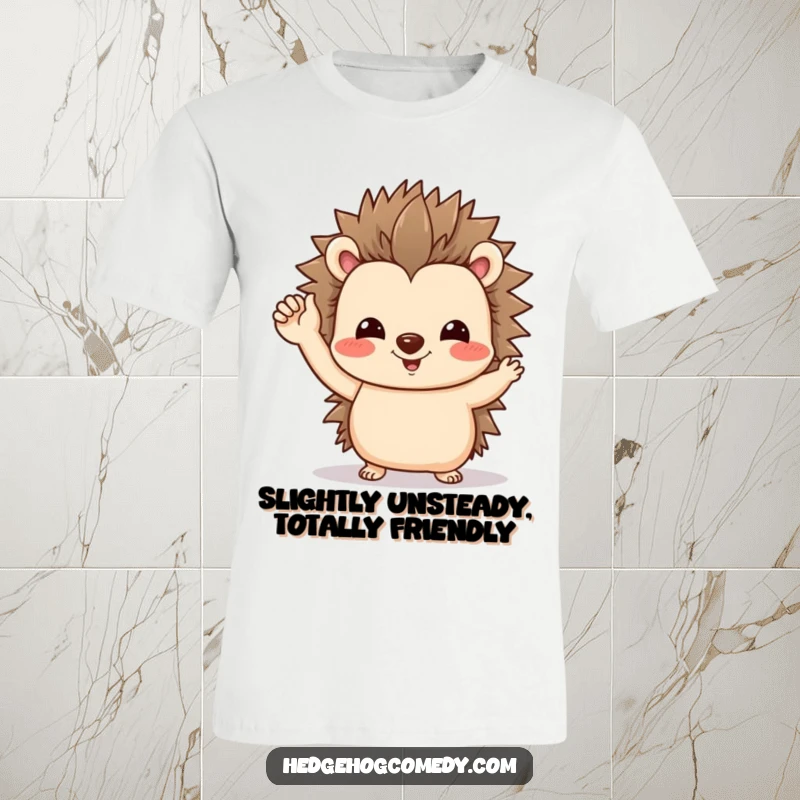 Funny T-Shirt depicting a friendly hedgehog offering a tiny, endearing wave with a slightly wobbly foot. Pure sweetness!