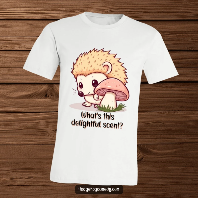 Funny Kawaii Hedgehog T-Shirt: Inquisitively sniffing a large, dewy mushroom with wide, innocent eyes. A charming funny gift.