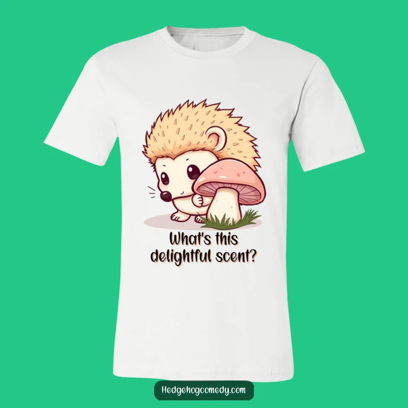 Funny Kawaii Hedgehog T-Shirt: Curious Mushroom Sniff - Enchanting Nature Tee!