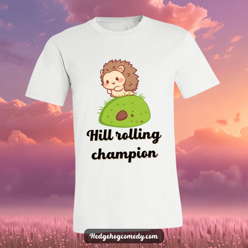 Funny Kawaii Hedgehog T-Shirt showing a delightful hedgehog character joyfully rolling down a grassy slope, conveying happiness.