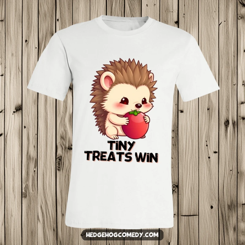 Funny t-shirt showing a timid hedgehog holding a large berry under its chin, looking shy.