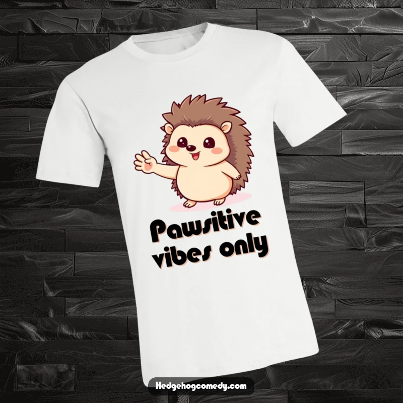 Funny waving hedgehog t-shirt featuring a cheerful hedgehog making a friendly gesture with its little paw, ideal for animal lovers.