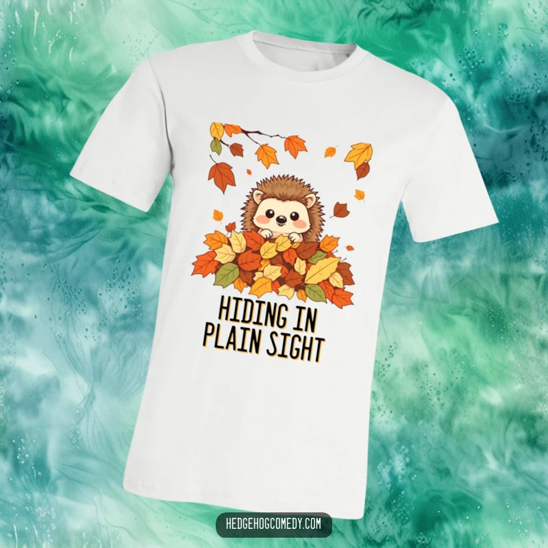 Funny cute kawaii hedgehog peeking from a pile of autumn leaves, a perfect funny gift for fall.