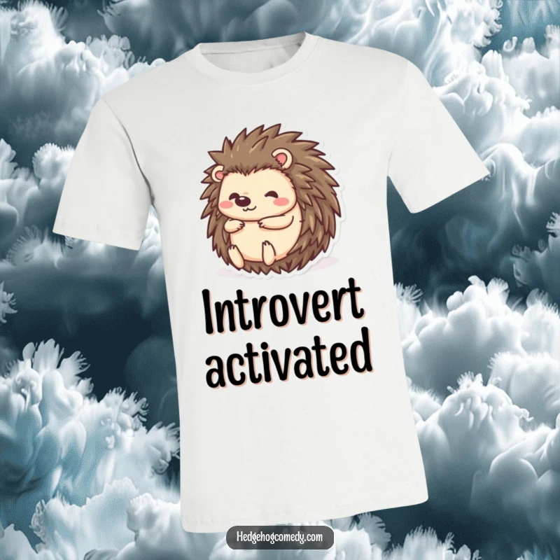 Funny kawaii hedgehog t-shirt, depicted happily rolling into a ball, showcasing a shy and introverted yet playful demeanor.