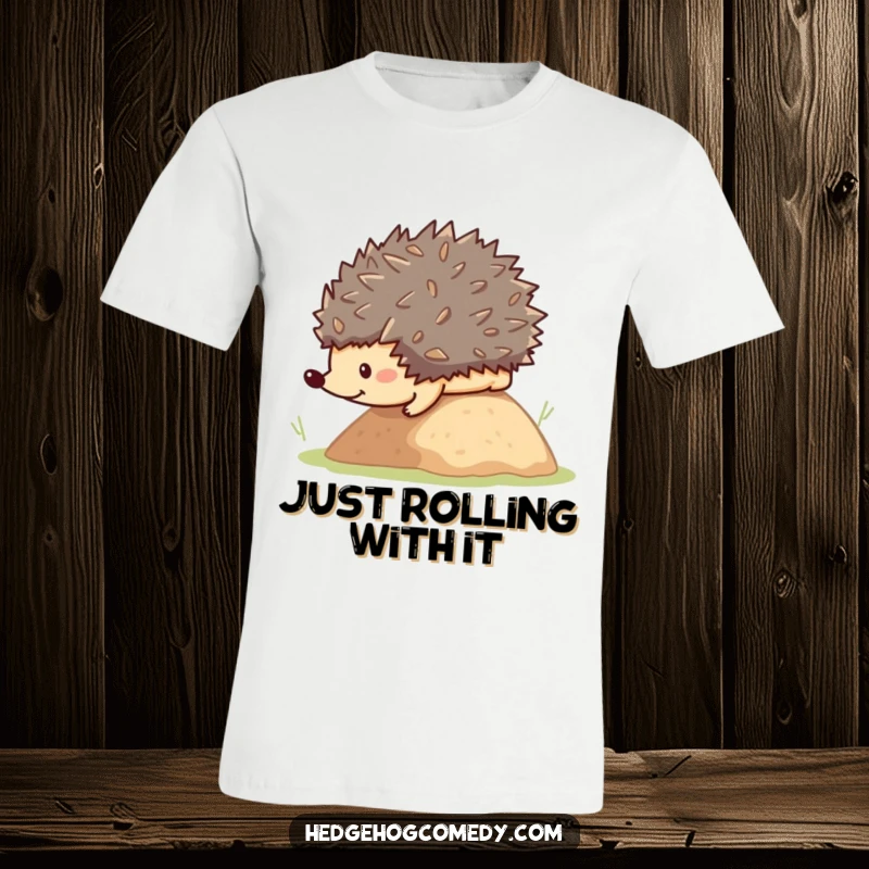 Funny cute kawaii hedgehog hilariously rolling down a small hill, a perfect funny gift for animal lovers.