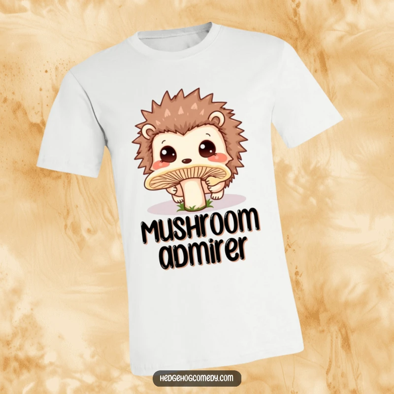 Funny T-Shirt featuring a cute Kawaii hedgehog with wide, innocent eyes curiously sniffing a large, dew-covered mushroom.