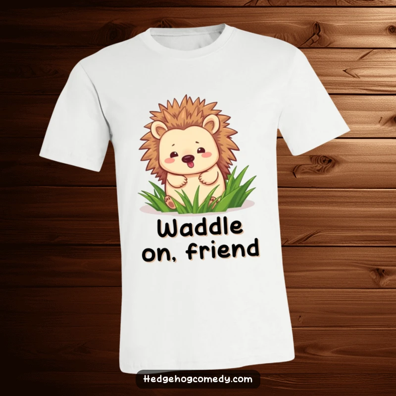 Funny hedgehog waddling through green grass on a t-shirt, showcasing a moment of pure, uninhibited happiness.