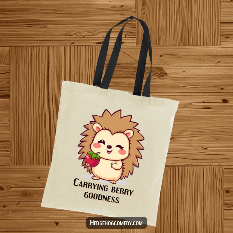 Funny Tote Bag featuring a smiling hedgehog character holding out a juicy berry, ideal for carrying groceries with cheer.