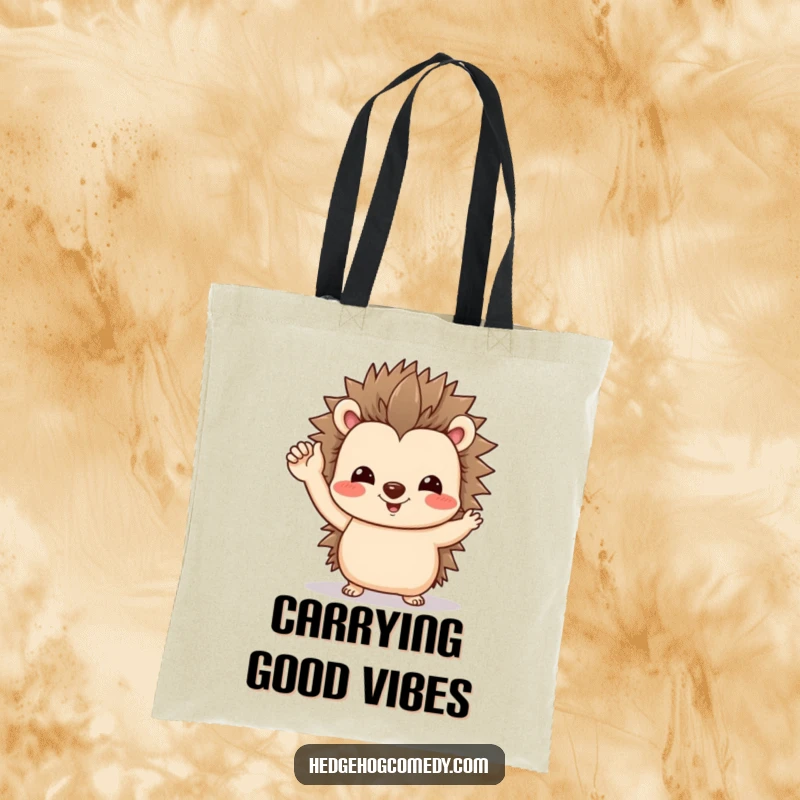 Funny tote bag featuring a friendly hedgehog giving a tiny, wobbly wave, ideal for carrying essentials with a smile.