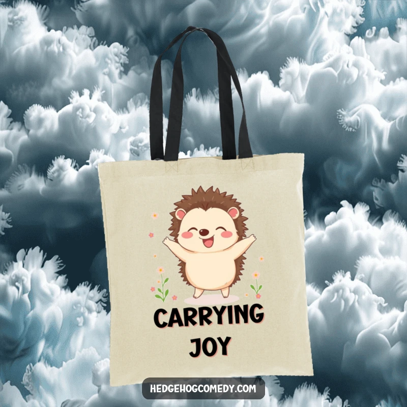 Funny tote bag with a joyful hedgehog dancing amongst blooming flowers, ready to carry your items with a cheerful spirit.