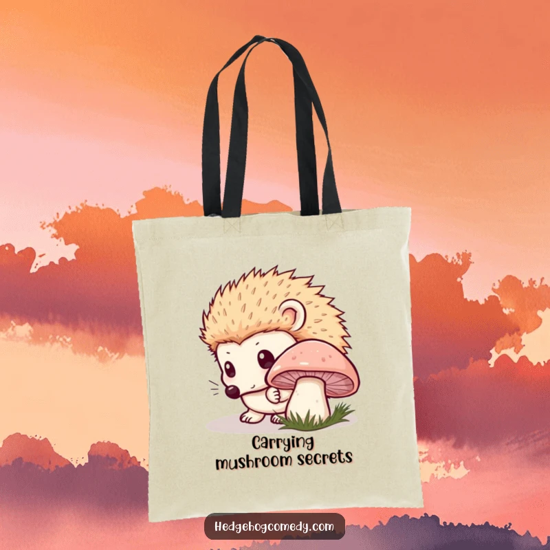 Funny Kawaii Hedgehog Tote Bag: Curious mushroom sniffing with innocent eyes, a cute and funny companion for adventures. Perfect funny gift.