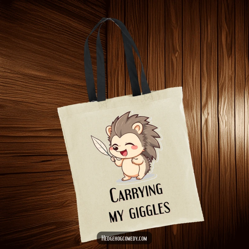 Funny Hedgehog Tote Bag: Adorable hedgehog giggling while a feather tickles it, a cute and humorous carry-all.