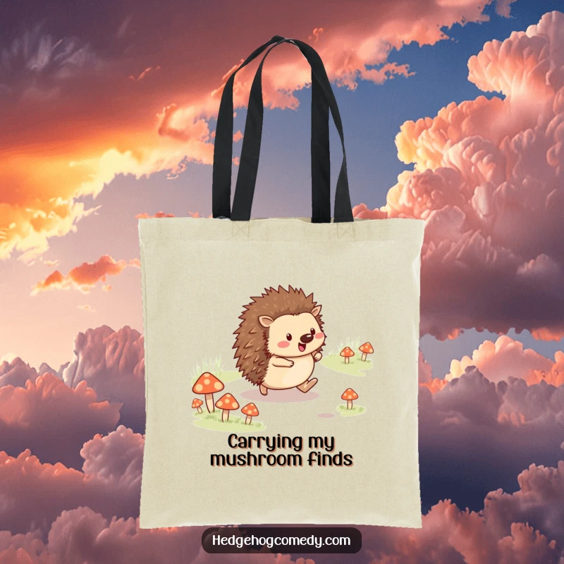 Funny cheerful hedgehog skipping on a mushroom path on a tote bag, symbolizing happy travels, great funny gift.