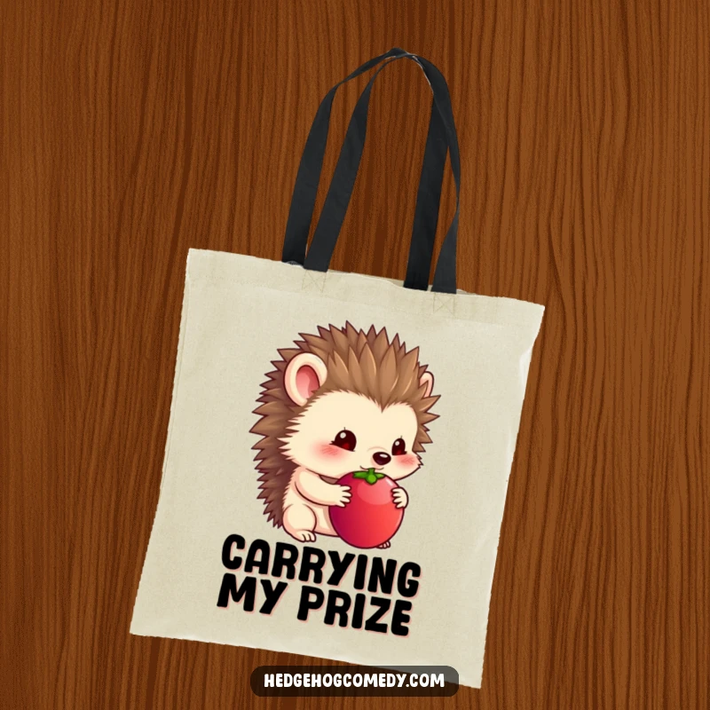 Funny tote bag with a timid hedgehog holding a large berry under its chin.