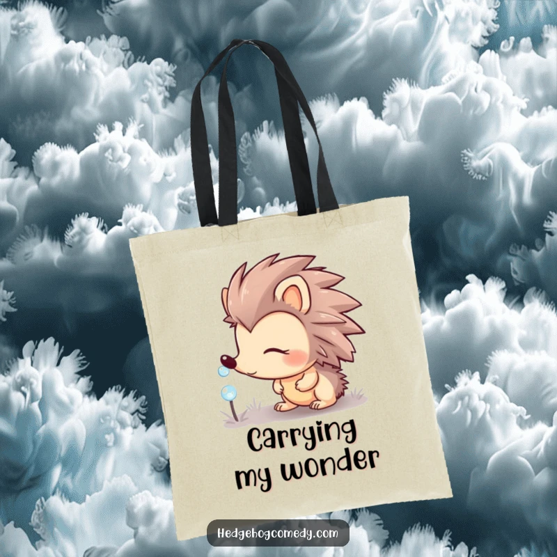 Funny hedgehog character looking curious at a sparkling dewdrop on a durable tote bag, perfect for shopping.