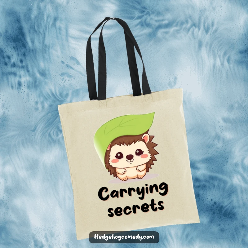 Funny kawaii hedgehog tote bag, peeking from behind a leaf with a shy smile, a cute companion.