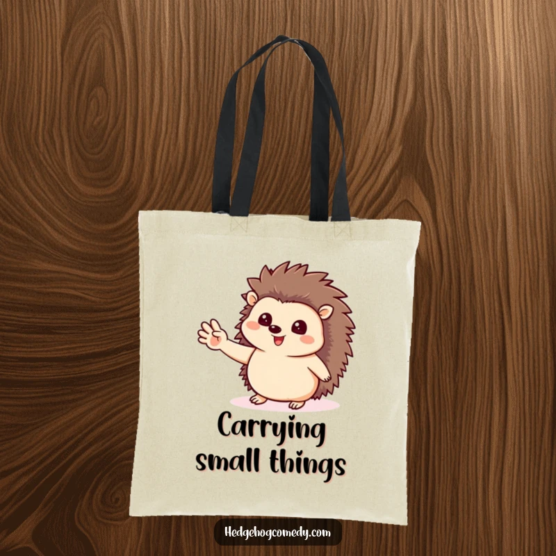 Funny spacious tote bag featuring a happy hedgehog waving with its tiny paw, a cute and practical accessory for shoppers.