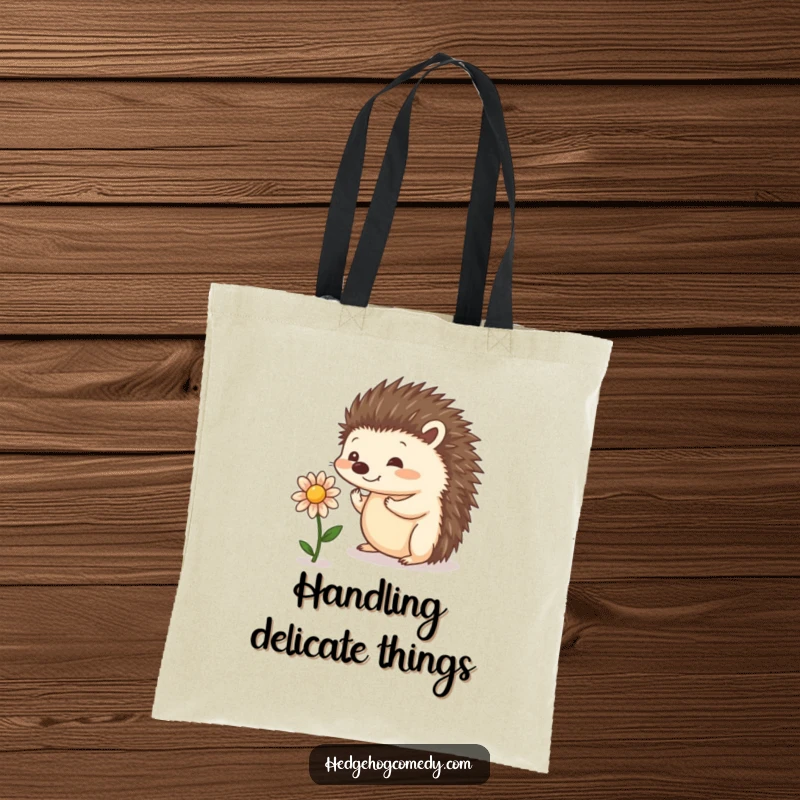 Funny tote bag depicting a playful hedgehog balancing a tiny flower, a cute and charming accessory for daily use.