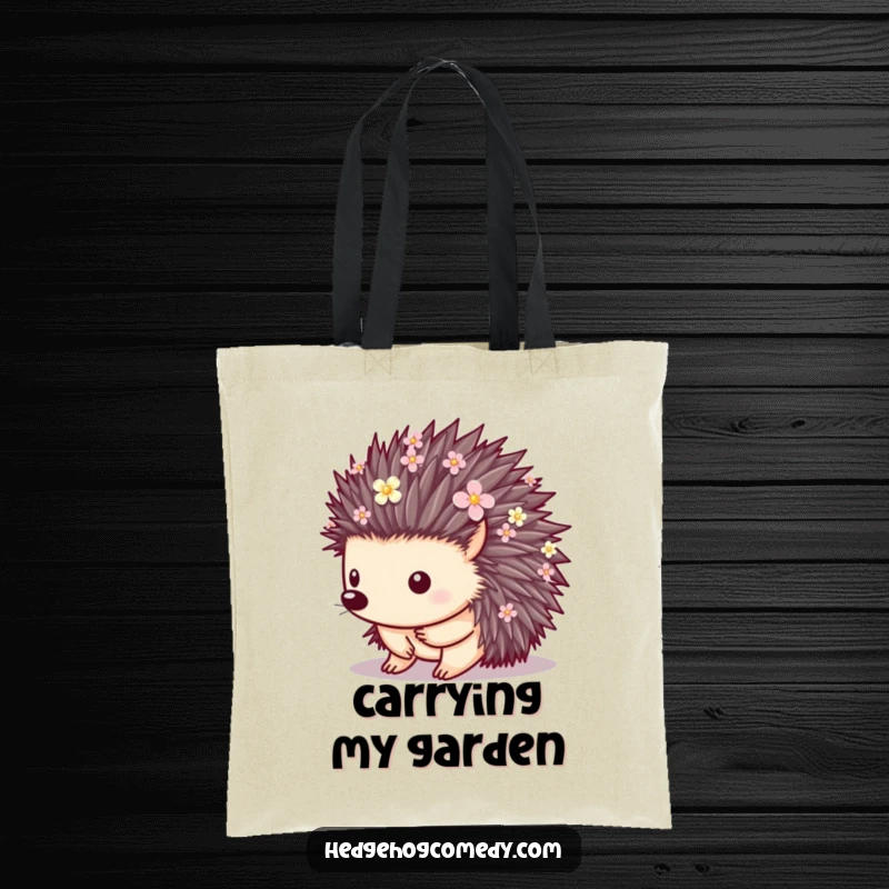Funny tote bag with a hedgehog whose quills are decorated with small flowers, a beautiful and practical accessory.